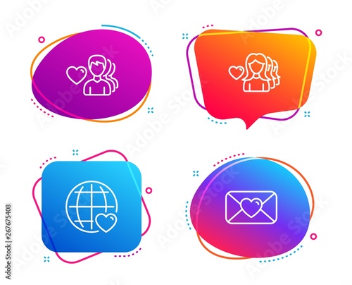 Man love, Woman love and Valentine icons simple set. Romantic people, Internet dating. Love set. Speech bubble man love icon. Colorful banners design set. Vector