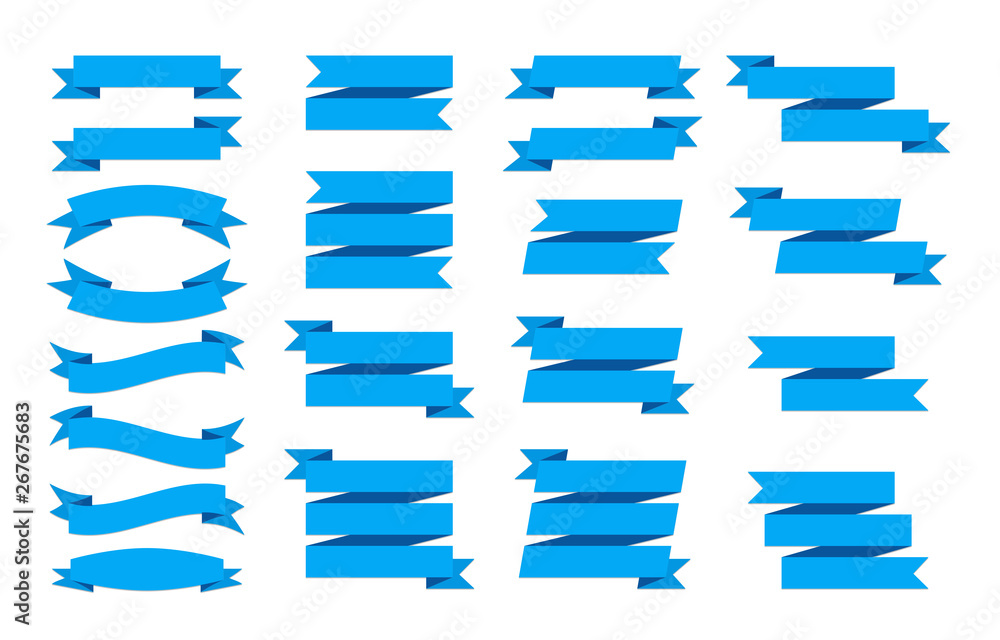 Fototapeta premium Set of blue ribbons banners on white background. Flat templates and design elements for web banners and ribbons.