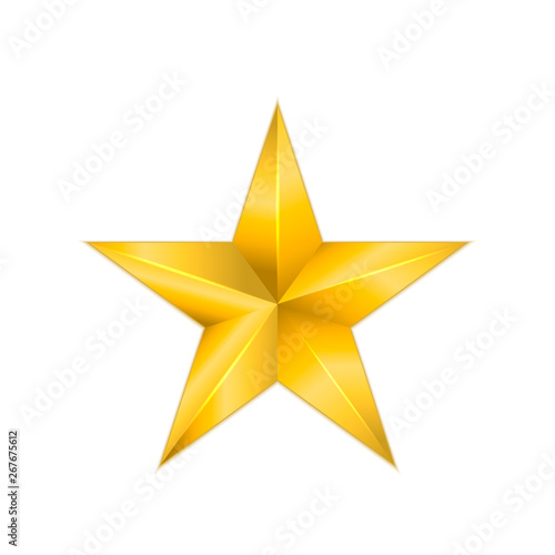 Metallic gold star isolated on white background. 3d golden star icon. Foil effect trophy vector illustration. Christmas decoration. Yellow gradient convex shape. Easy to edit template for your design.