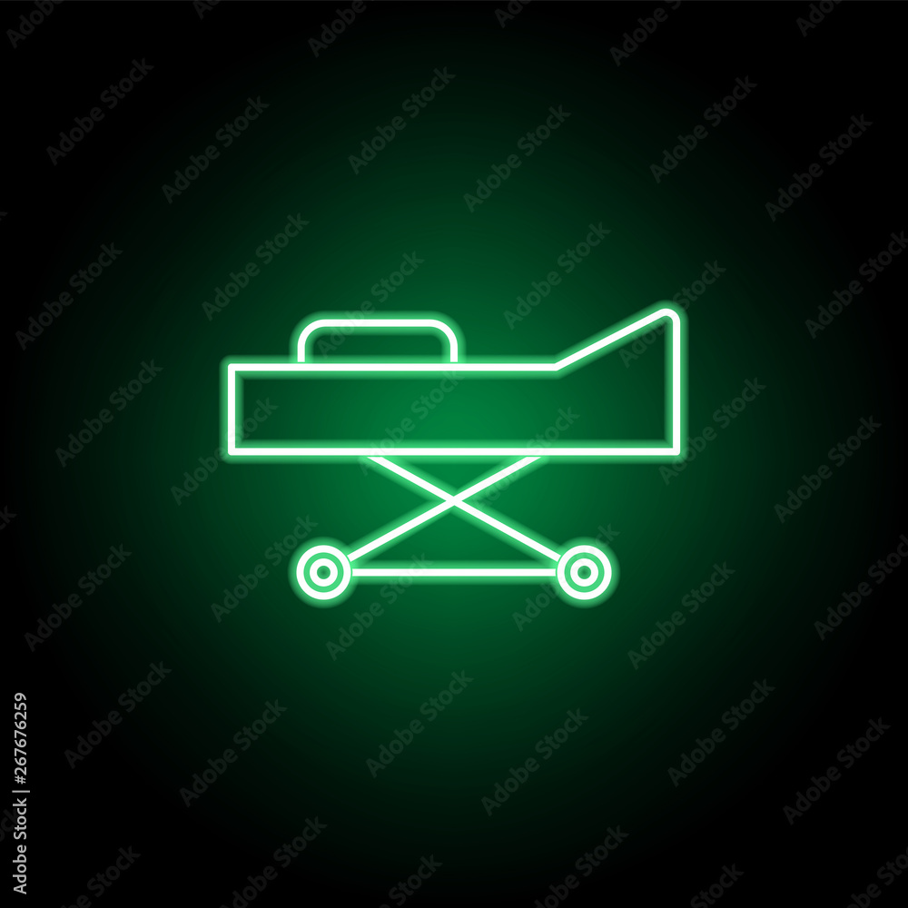 Medical, stretcher icon in neon style. Element of medicine illustration. Signs and symbols icon can be used for web, logo, mobile app, UI, UX Medical, stretcher icon in neon style. Element of medicine illustration. Signs and symbols icon can be used for web, logo, mobile app, UI, UX