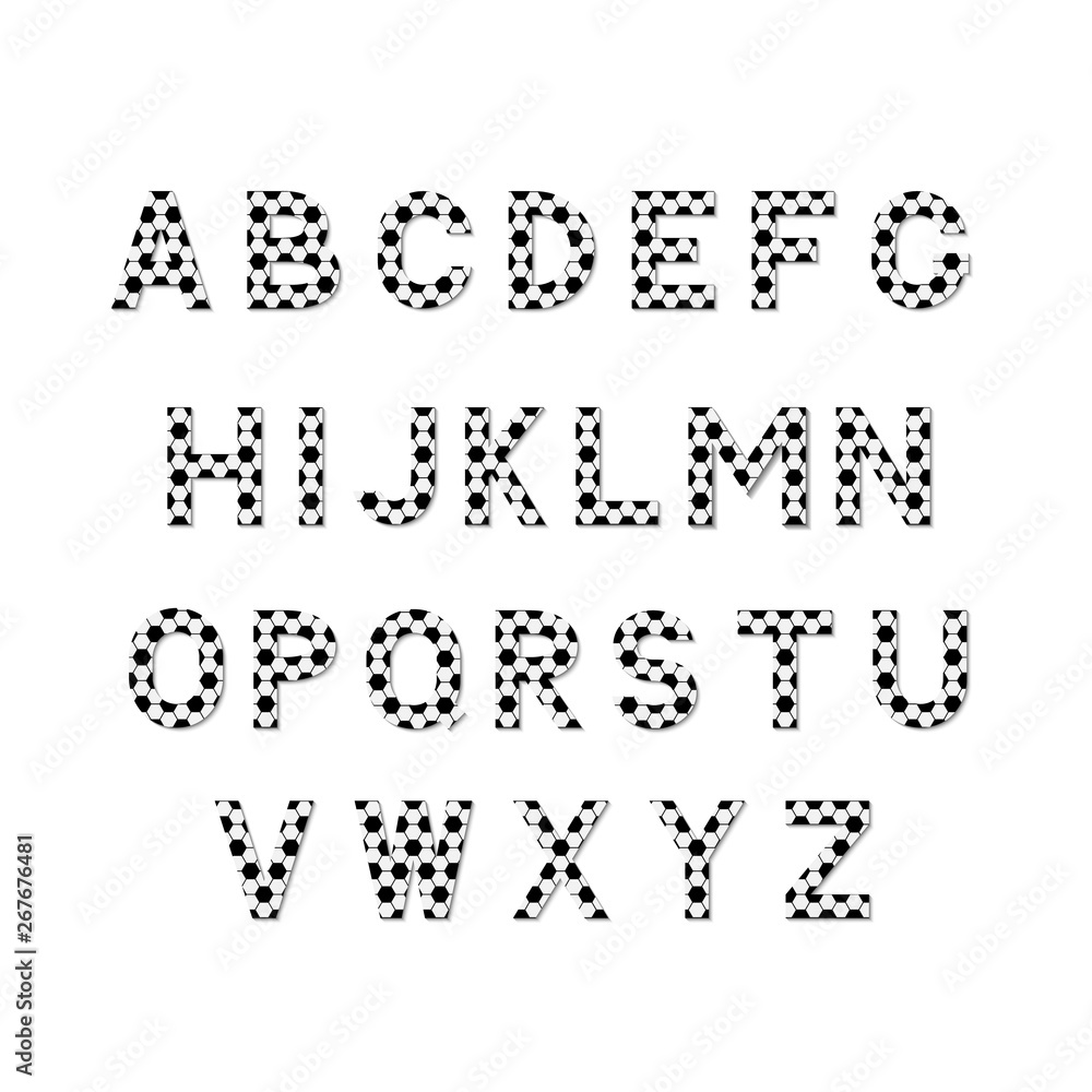 Football vector alphabet isolated on white. Letters A-Z with soccer ball pattern. English alphabet. Sport sans serif font. Set of Latin uppercase symbols. Easy to edit elements of design. Football vector alphabet isolated on white. Letters A-Z with soccer ball pattern. English alphabet. Sport sans serif font. Set of Latin uppercase symbols. Easy to edit elements of design.