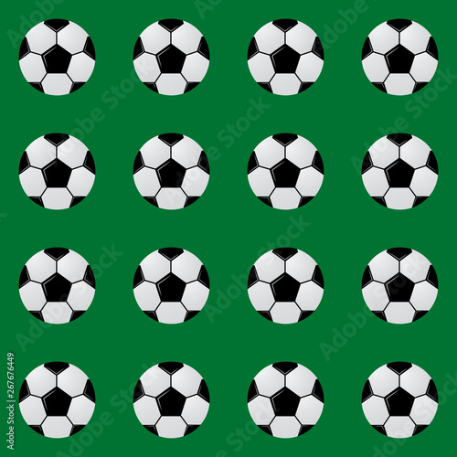 Black and white soccer balls on green seamless pattern. Football vector background. Sport recreation theme cartoon style illustration. Easy to edit template for your design projects.