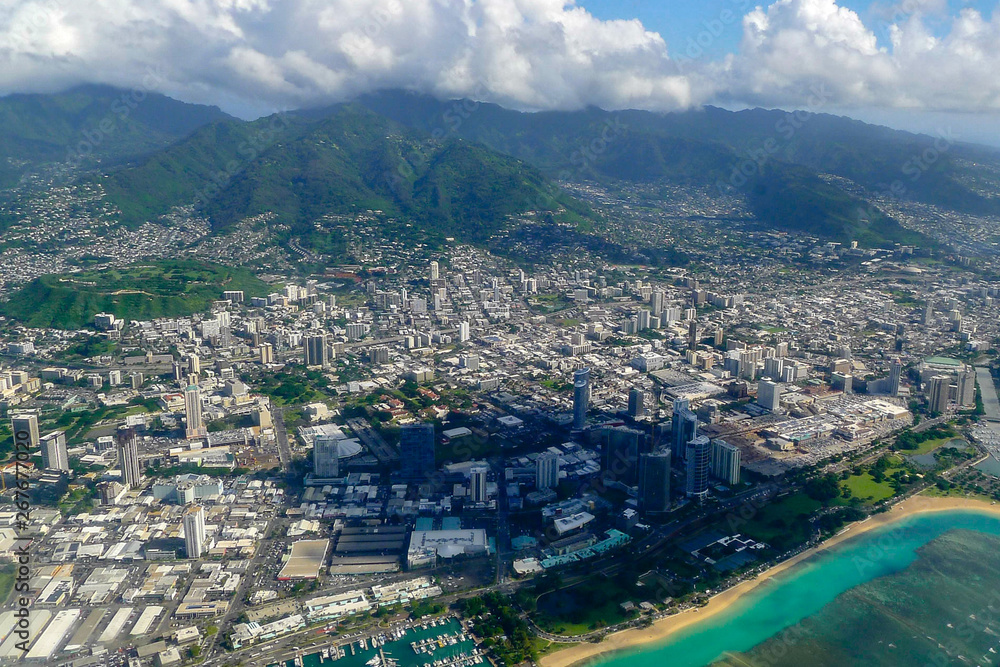 Fototapeta premium Honolulu on Oahu aerial view with shadow from clouds