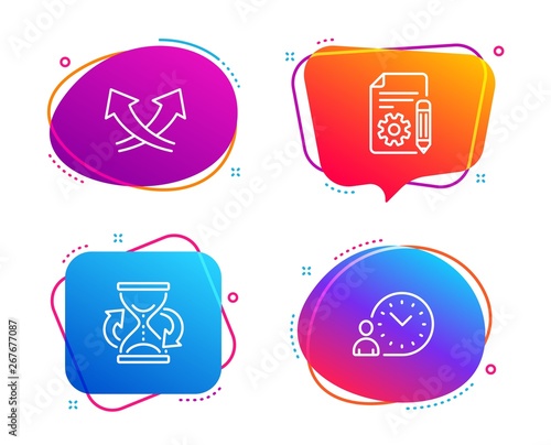 Documentation, Hourglass and Intersection arrows icons simple set. Time management sign. Project, Sand watch, Exchange. Work time. Speech bubble documentation icon. Colorful banners design set. Vector