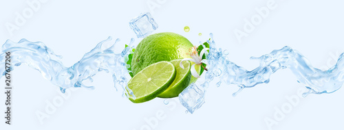 Fresh cold pure flavored water with lime wave splash. Lime fruit infused water or lemonade wave swirl. Healthy flavored detox drink splash concept with lime fruit and ice cubes. 3D