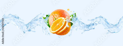 Fresh cold pure flavored water with orange wave splash. Clean orange fruit infused water or liquid fluid wave splash. Healthy flavored detox drink wave concept with orange fruits. 3D