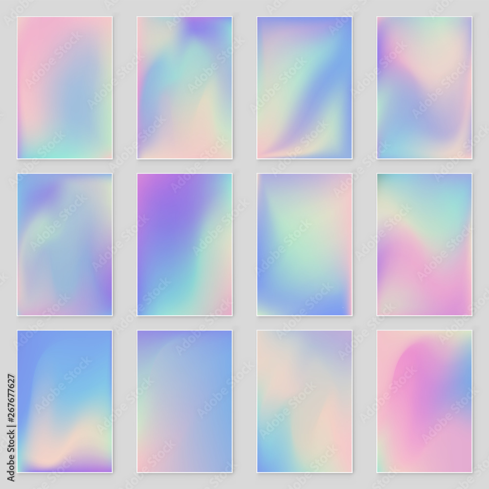Holographic foil gradient iridescent background set. Empty template