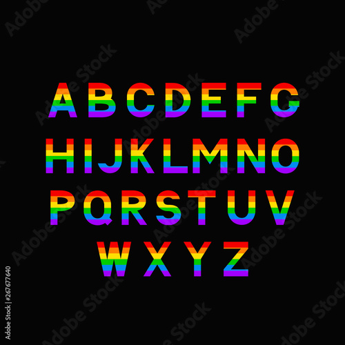 Rainbow vector alphabet. LGBT community typeface. Gay pride sans serif font. Latin uppercase symbols. Colorful letters of English alphabet A-Z. Easy to edit template for your designs.