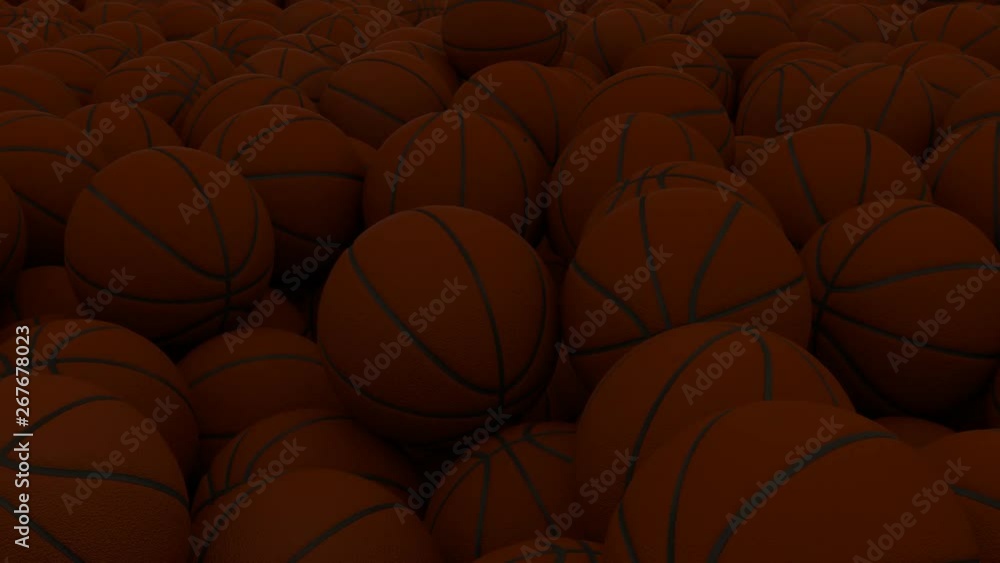 Animated close up view and flying over pile of a lot of brown basketballs with black seams lying in large container or as if moving on conveyor belt. Animated close up view and flying over pile of a lot of brown basketballs with black seams lying in large container or as if moving on conveyor belt.
