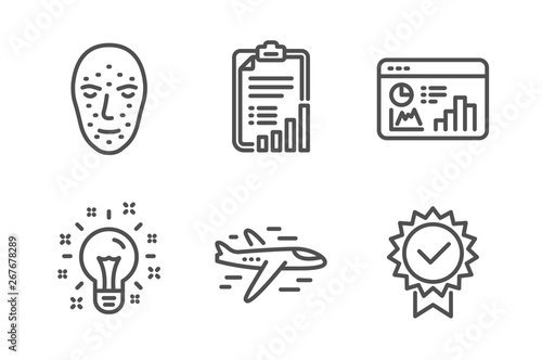 Face biometrics, Checklist and Seo statistics icons simple set. Idea, Airplane and Certificate signs. Facial recognition, Graph report. Technology set. Line face biometrics icon. Editable stroke