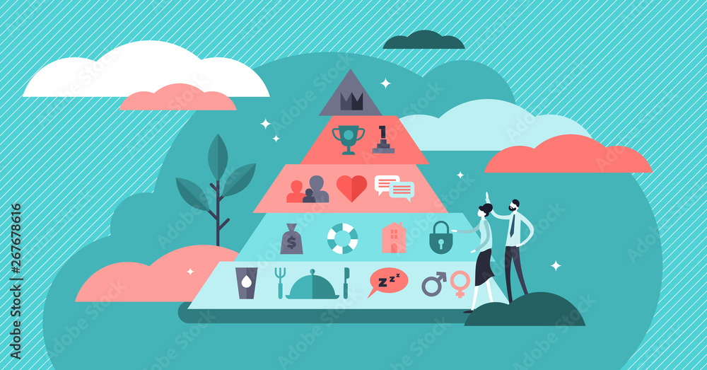 Basic needs vector illustration. Flat tiny Maslows hierarchy person concept Basic needs vector illustration. Flat tiny Maslows hierarchy person concept