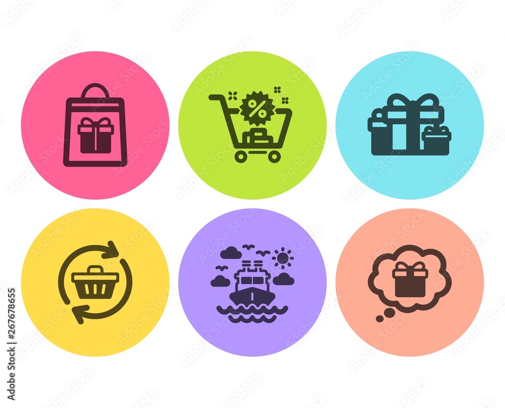 Refresh cart, Holiday presents and Holidays shopping icons simple set. Shopping cart, Ship travel and Gift dream signs. Gift boxes, Gifts bag. Holidays set. Flat refresh cart icon. Circle button Refresh cart, Holiday presents and Holidays shopping icons simple set. Shopping cart, Ship travel and Gift dream signs. Gift boxes, Gifts bag. Holidays set. Flat refresh cart icon. Circle button