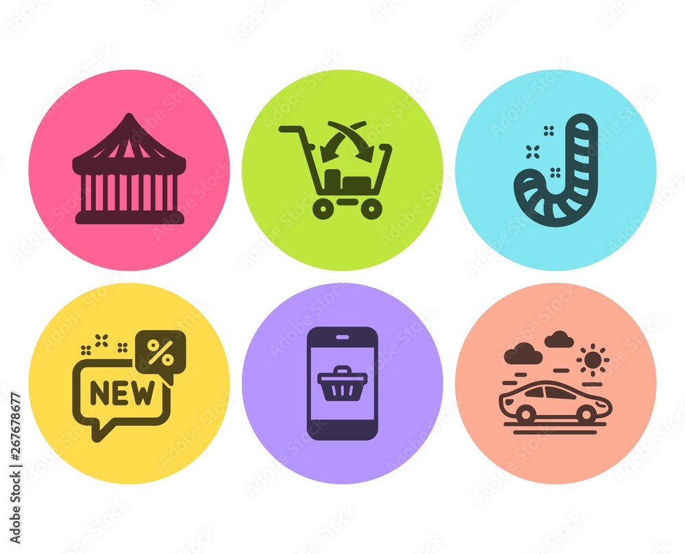 Carousels, Smartphone buying and New icons simple set. Candy, Cross sell and Car travel signs. Attraction park, Website shopping. Holidays set. Flat carousels icon. Circle button. Vector Carousels, Smartphone buying and New icons simple set. Candy, Cross sell and Car travel signs. Attraction park, Website shopping. Holidays set. Flat carousels icon. Circle button. Vector
