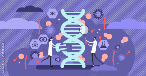 Genetics vector illustration. Flat tiny DNA biology research person concept