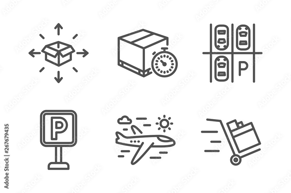 Delivery timer, Parking place and Parking icons simple set. Airplane travel, Parcel delivery and Push cart signs. Express logistics, Transport. Transportation set. Line delivery timer icon. Vector Delivery timer, Parking place and Parking icons simple set. Airplane travel, Parcel delivery and Push cart signs. Express logistics, Transport. Transportation set. Line delivery timer icon. Vector