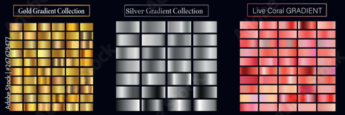 Set of metallic gradients. Collection of gold, silver and the color of live coral backgrounds. Vector. Vibrant and living smooth gradient soft colors coral. pink gold