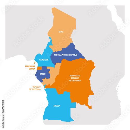 Central Africa Region. Map of countries in central Africa. Vector illustration
