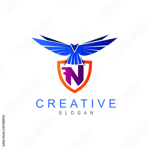 Free Download Flying bird logo with shield, shield and eagle, security logo, shield and letter  n - GFXLoad