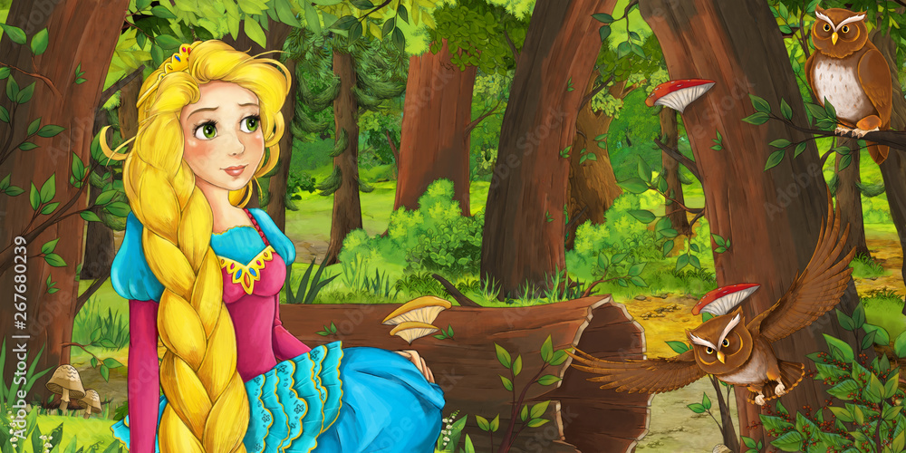 cartoon scene with happy young girl in the forest encountering pair of owls flying - illustration for children cartoon scene with happy young girl in the forest encountering pair of owls flying - illustration for children
