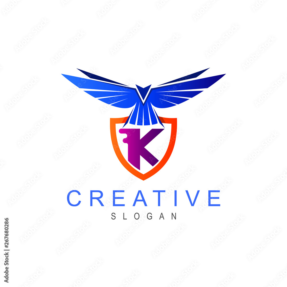Flying bird logo with shield, shield and eagle, security logo, shield and letter k Flying bird logo with shield, shield and eagle, security logo, shield and letter k