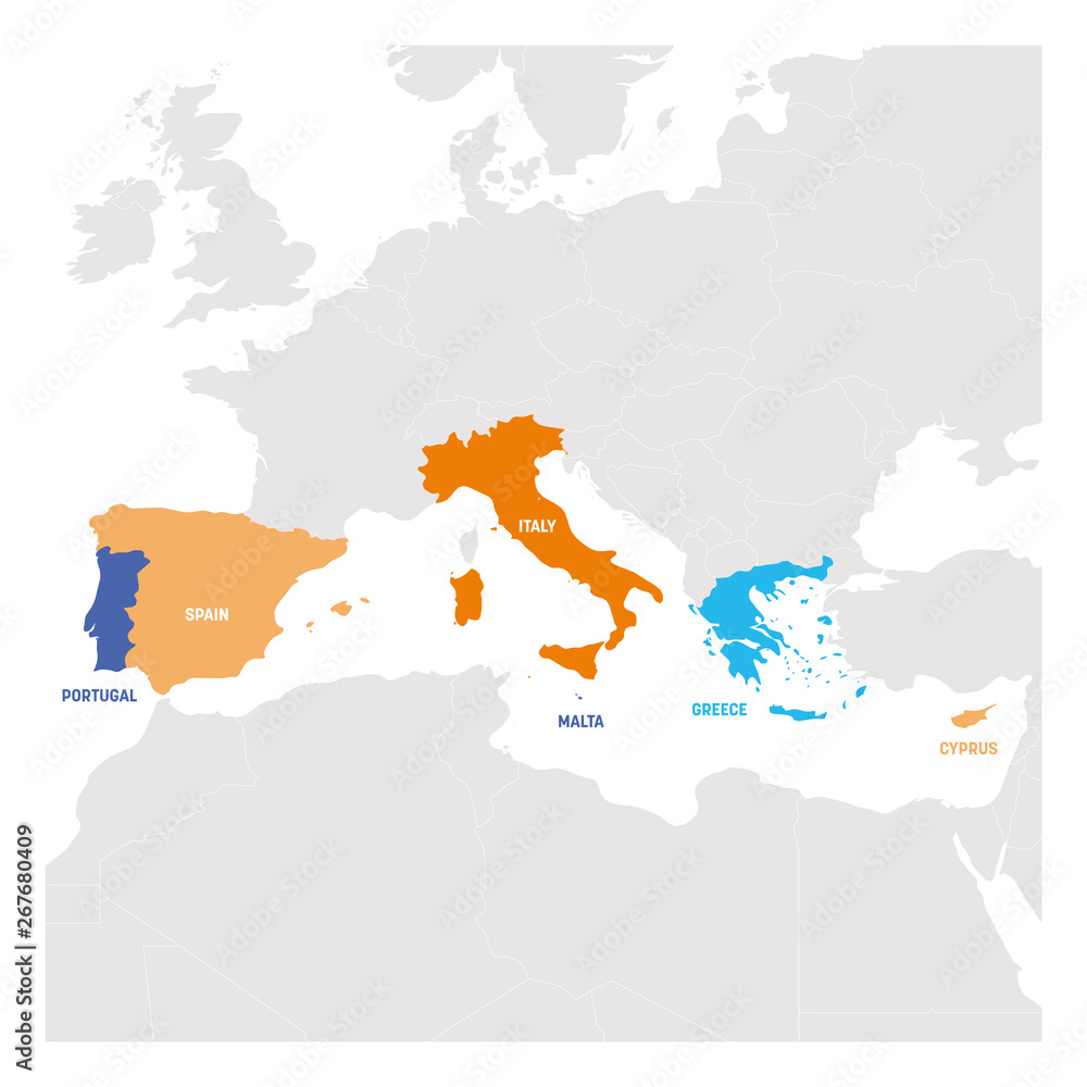 Fototapeta premium South Europe Region. Map of countries in southern Europe around Mediterranean Sea. Vector illustration