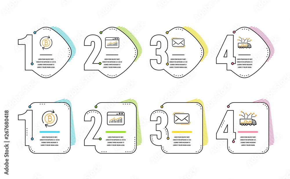 Messenger mail, Website statistics and Refresh bitcoin icons simple set. Truck delivery sign. New e-mail, Data analysis, Update cryptocurrency. Logistics. Technology set. Infographic timeline. Vector Messenger mail, Website statistics and Refresh bitcoin icons simple set. Truck delivery sign. New e-mail, Data analysis, Update cryptocurrency. Logistics. Technology set. Infographic timeline. Vector