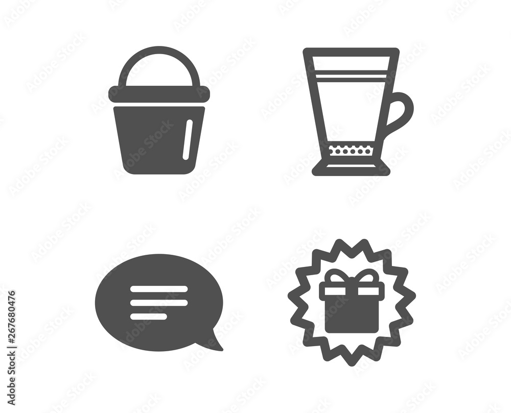 Set of Bucket, Chat and Latte icons. Surprise gift sign. Washing equipment, Speech bubble, Coffee beverage. Shopping offer. Classic design bucket icon. Flat design. Vector Set of Bucket, Chat and Latte icons. Surprise gift sign. Washing equipment, Speech bubble, Coffee beverage. Shopping offer. Classic design bucket icon. Flat design. Vector