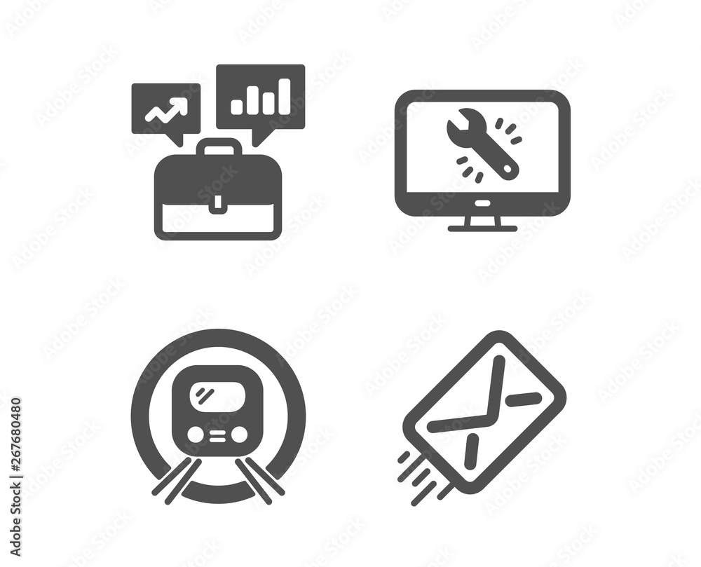 Set of Monitor repair, Business portfolio and Metro subway icons. E-mail sign. Computer service, Job interview, Underground. Mail delivery. Classic design monitor repair icon. Flat design. Vector Set of Monitor repair, Business portfolio and Metro subway icons. E-mail sign. Computer service, Job interview, Underground. Mail delivery. Classic design monitor repair icon. Flat design. Vector