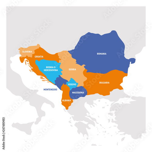 Southeast Europe Region. Map of countries of Balkan Peninsula. Vector illustration photo