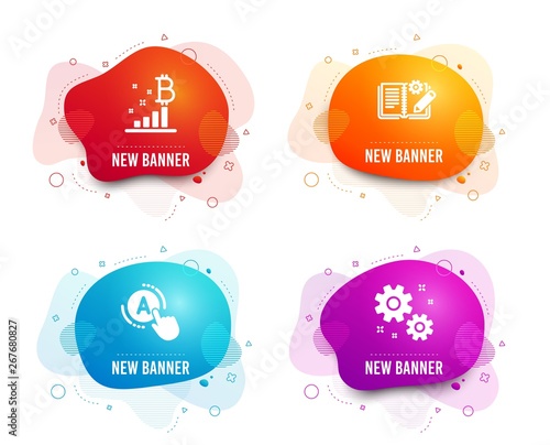 Liquid badges. Set of Bitcoin graph, Ab testing and Engineering documentation icons. Work sign. Cryptocurrency analytics, A test, Manual. Settings.  Gradient bitcoin graph icon. Flyer fluid design
