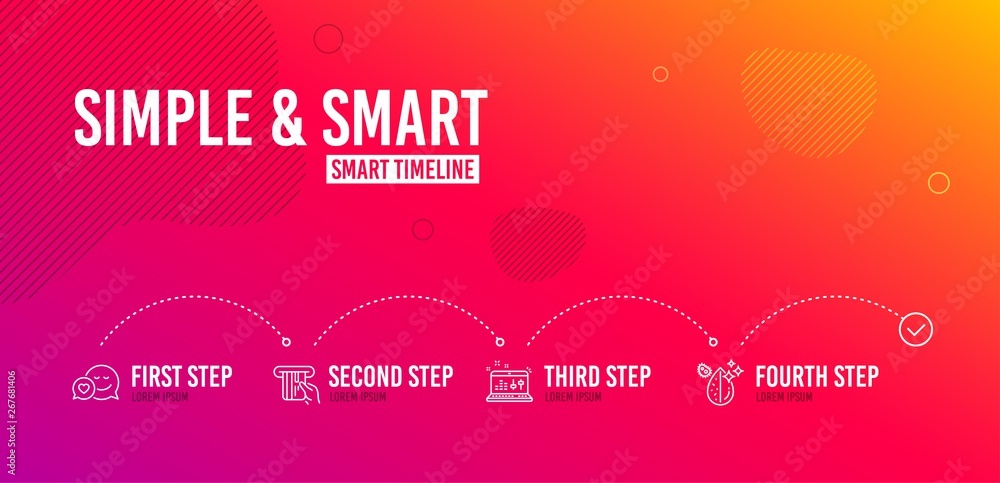 Infographic timeline. Dating, Credit card and Sound check icons simple set. Dirty water sign. Love messenger, Atm payment, Dj controller. Aqua drop. Technology set. 4 steps layout. Vector