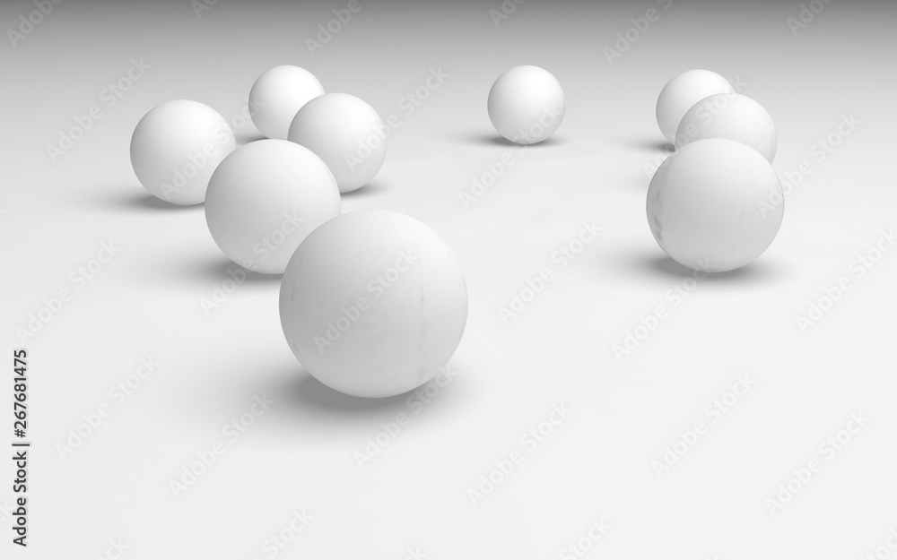 White abstract background. Set of white balls isolated on white backdrop. 3D illustration White abstract background. Set of white balls isolated on white backdrop. 3D illustration