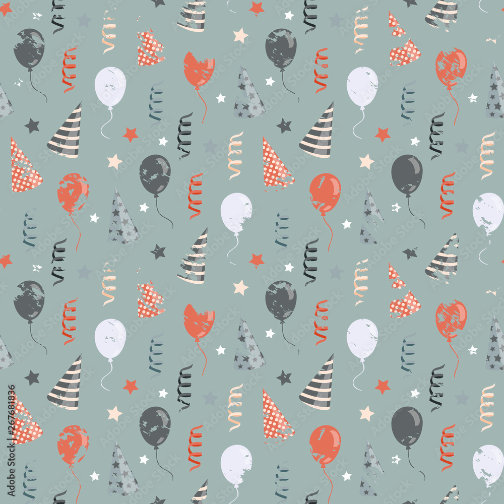 Vector birthday pattern with balloons,ribbon,confetti