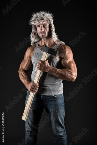 Canvas Print Athlete with sexy torso with sledge hammer