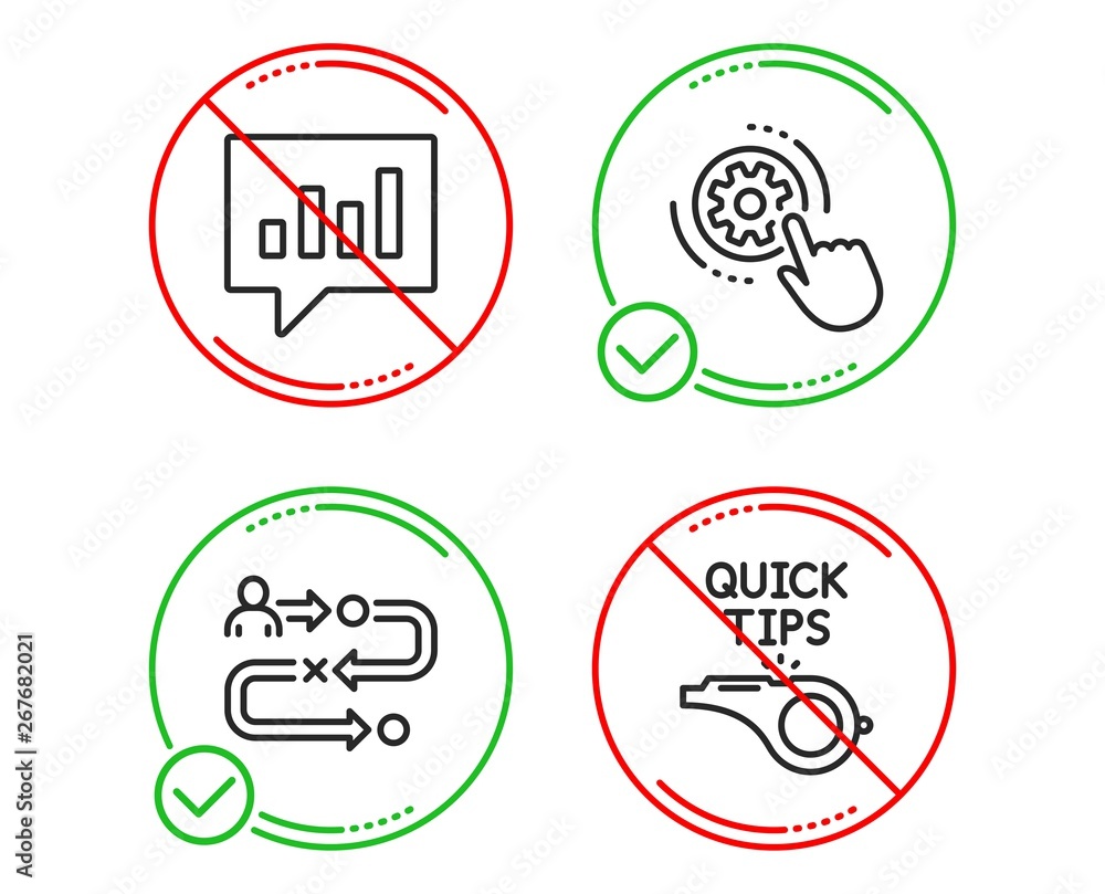 Do or Stop. Cogwheel settings, Analytical chat and Journey path icons simple set. Tutorials sign. Engineering tool, Communication speech bubble, Project process. Quick tips. Technology set. Vector