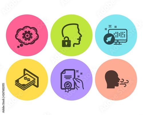 Unlock system, Web system and Atm money icons simple set. Cogwheel, Certificate and Breathing exercise signs. Access granted, Computer. Flat unlock system icon. Circle button. Vector