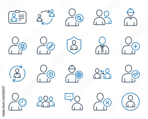 Users line icons. Profile, Group of people and Support signs. ID card, Teamwork people and Businessman user symbols. Person talk, Engineer profile and Human Management. Job support. Vector