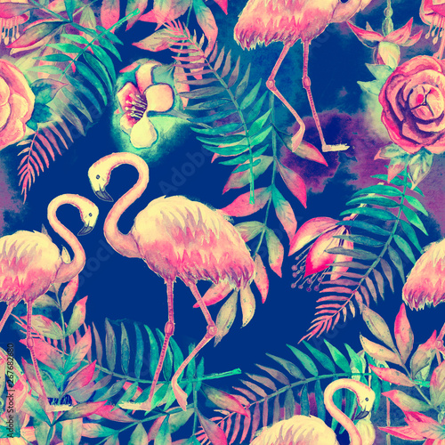 Watercolor tropical seamless floral pattern. Colorful paint background. Purple, pink and green texture. Floral mix artwork