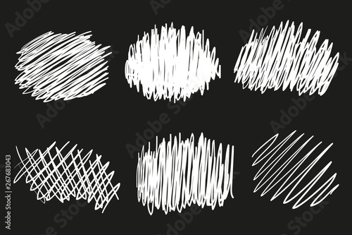 Hand drawn tangled shapes on black. Abstract backgrounds with array of lines. Stroke chaotic patterns. Black and white illustration. Sketchy elements for design