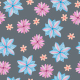 Hand drawn blue and pink flowers - seamless pattern on gray background