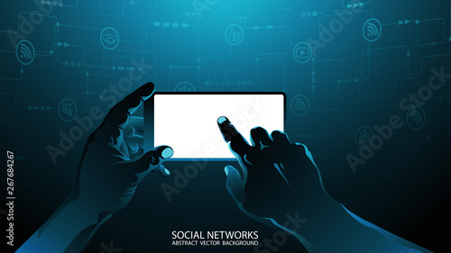 Social networks. Abstract blue geometric background. White glowing display. Augmented reality. Men's hands with a smartphone. Innovative technologies for modern gadgets. Search for information.