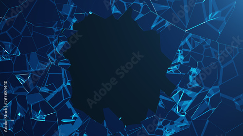 3D illustration wall of glass with a hole in the center of shatters into small pieces. Place for your banner, advertisement. The explosion caused a crack in the wall. Explosion hole in ice cracked
