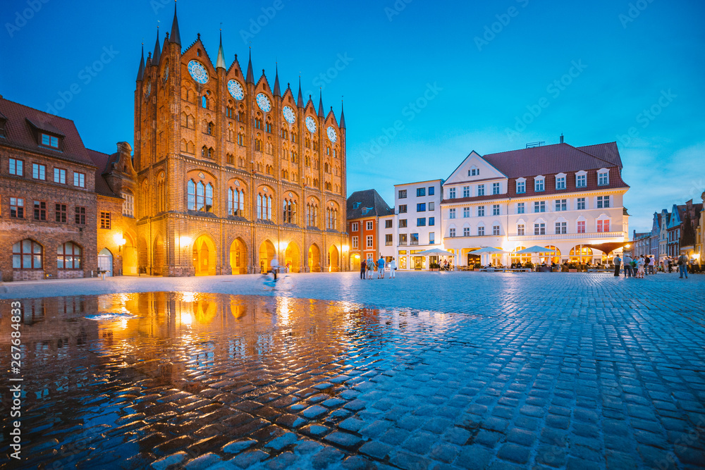 Historic town of Stralsund at twilight, Mecklenburg-Vorpommern, Germany