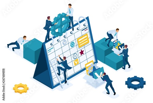 Isometric Businessmen make a business plan for the next month. Concept for web design