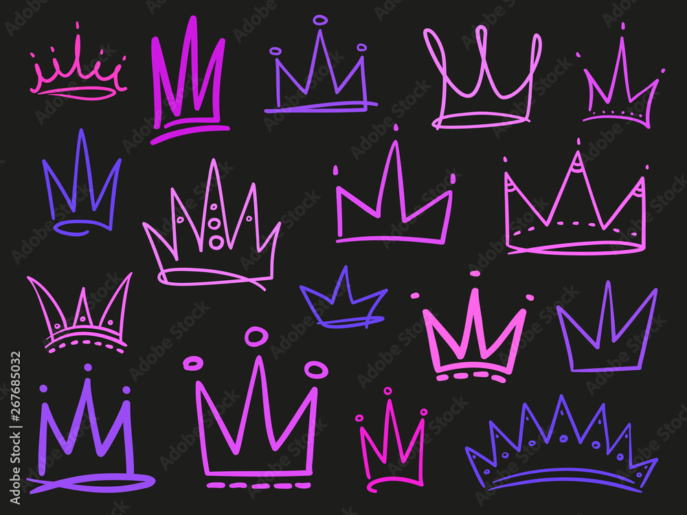 Set of abstract crowns on isolated black. Signs for design. Hand drawn simple objects. Line art. Colorful illustration. Sketchy elements for posters and flyers Set of abstract crowns on isolated black. Signs for design. Hand drawn simple objects. Line art. Colorful illustration. Sketchy elements for posters and flyers