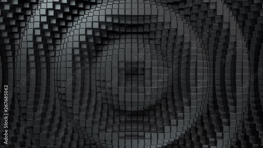 3d render. Dark plastic cubic surface in wave motion. Abstract seamless loop 3d animation of cubes moving up and down.