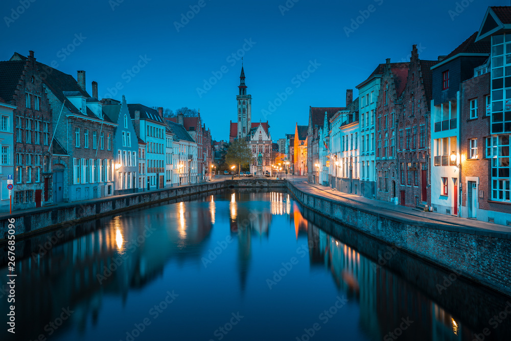Spiegelrei canal at night, Brugge, Flanders, Belgium