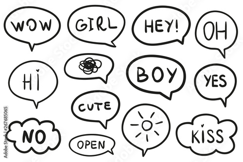 Set of hand drawn think and talk speech bubbles. Abstract symbols on white. Line art. Collection of different signs. Black and white illustration