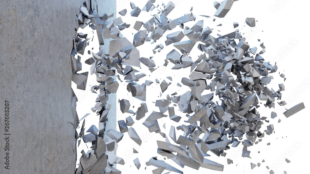 Concrete wall shatters into thousands of small pieces. Cracked earth ...