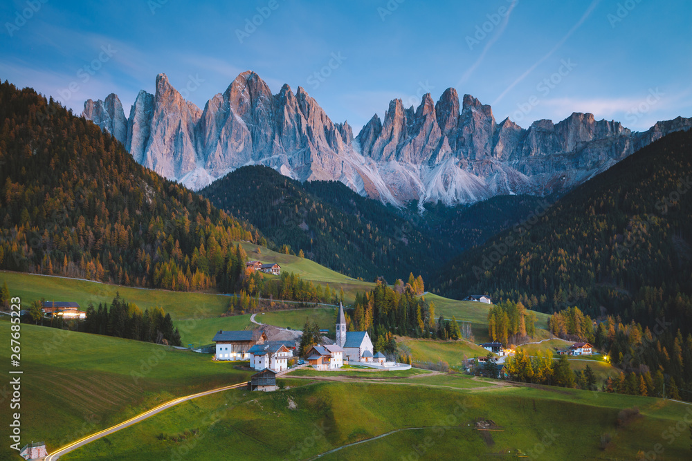 Val di Funes in the Dolomites at sunset, South Tyrol. Italy
